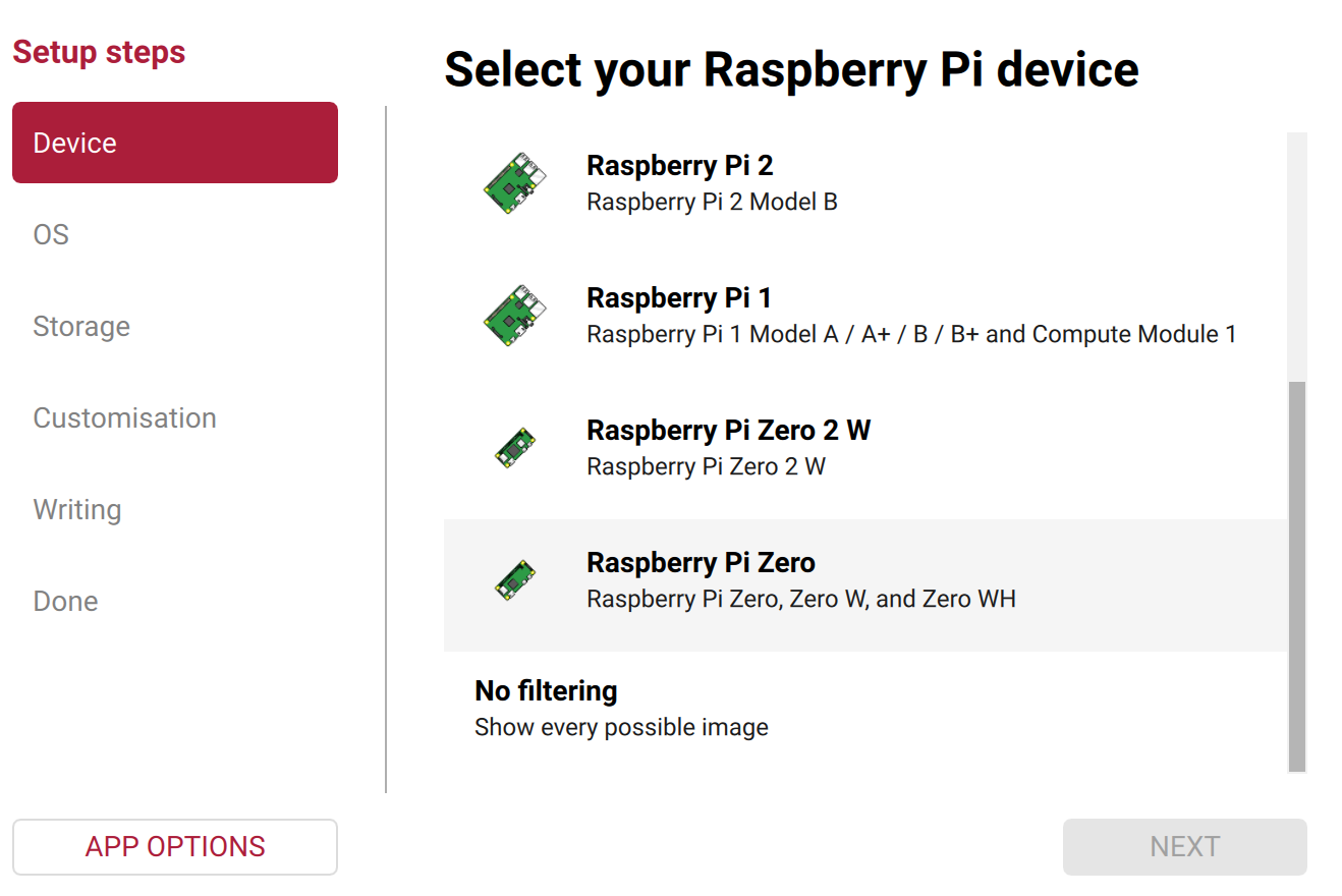 Raspberry Pi Imager with Raspberry Pi Zero highlighted in the device list